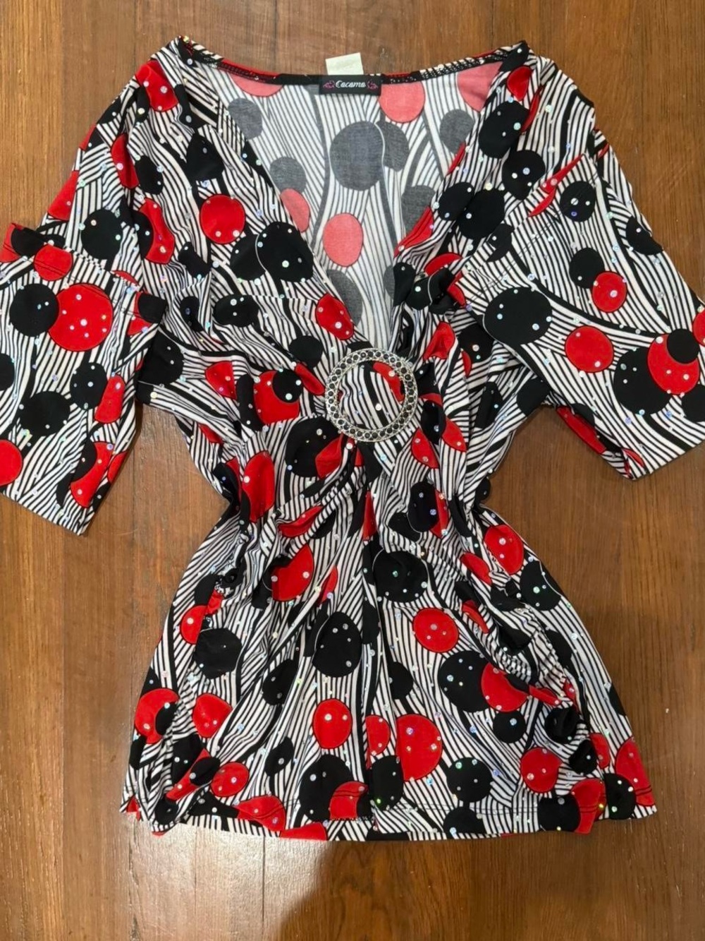 Cocomo Red & Black Printed V-Neck Wrap Top with Decorative Ring